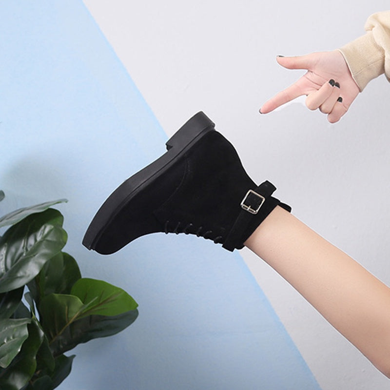 IELGY Fashion Belt Buckle Women's Boots Lace-up Flat Women Suede Korean Style