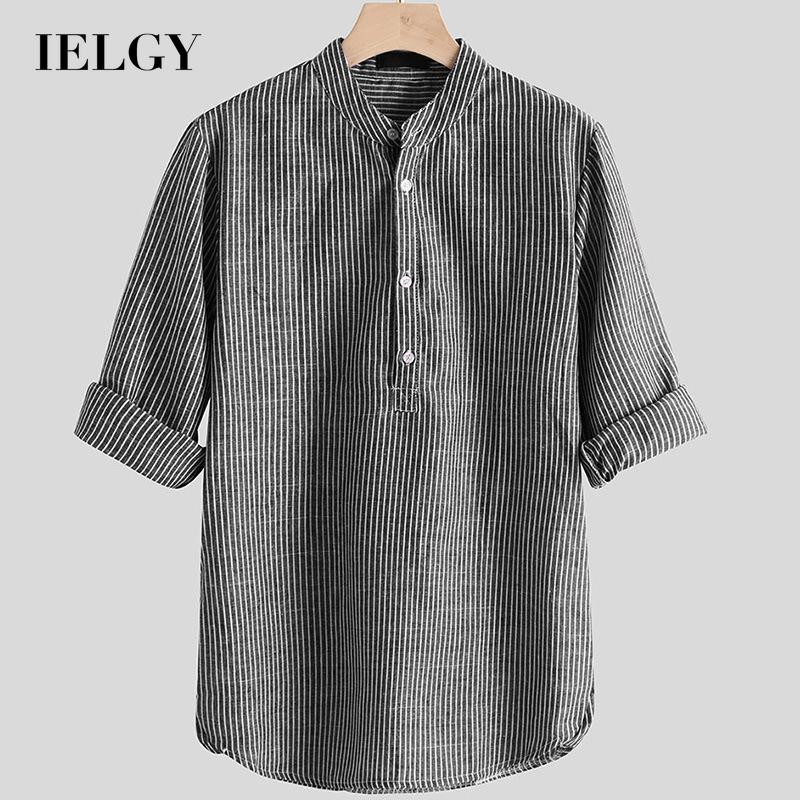 IELGY Printing Shirts Long sleeves Lapel Linen Black European and American Stripes Fashion Men's clothes
