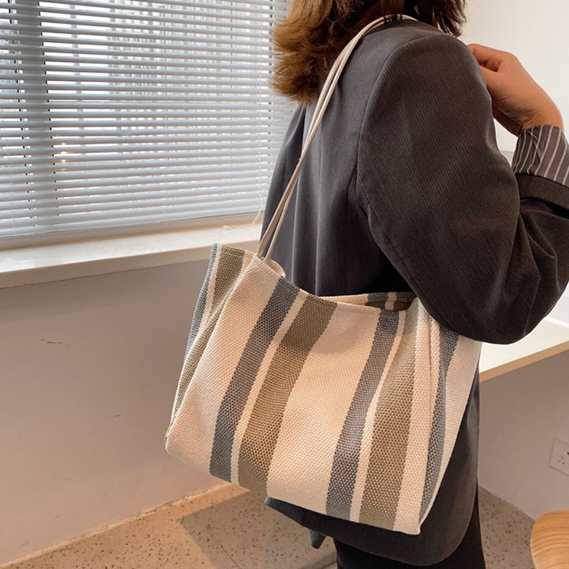 IELGY Canvas Stripe Bag Large Capacity Female Bag Trend Summer Simple
