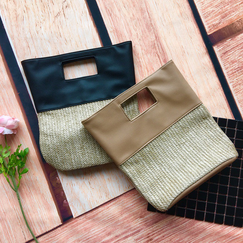 Straw bag hit color stitching handbag
