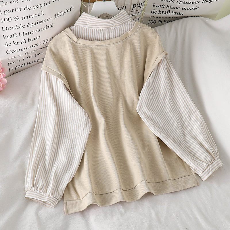 IELGY Women's clothes cream versatile fake two stitching long sleeves loose stripes sweater fashionable