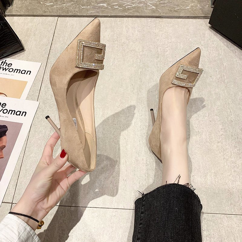 IELGY Fashion High Heels Female Niche Rhinestone Square Buckle Pointed Toe