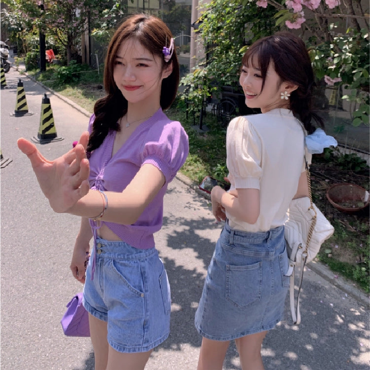IELGY Drawstring short sleeve knitted loose puff sleeve Crop top