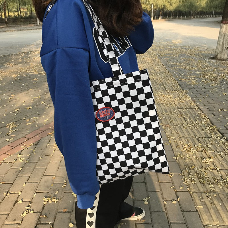 IELGY canvas bag handbag retro ins the same paragraph checkerboard shoulder bag