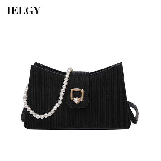 IELGY Women's bag casual square fashion crossbody one shoulder black PU versatile pearl