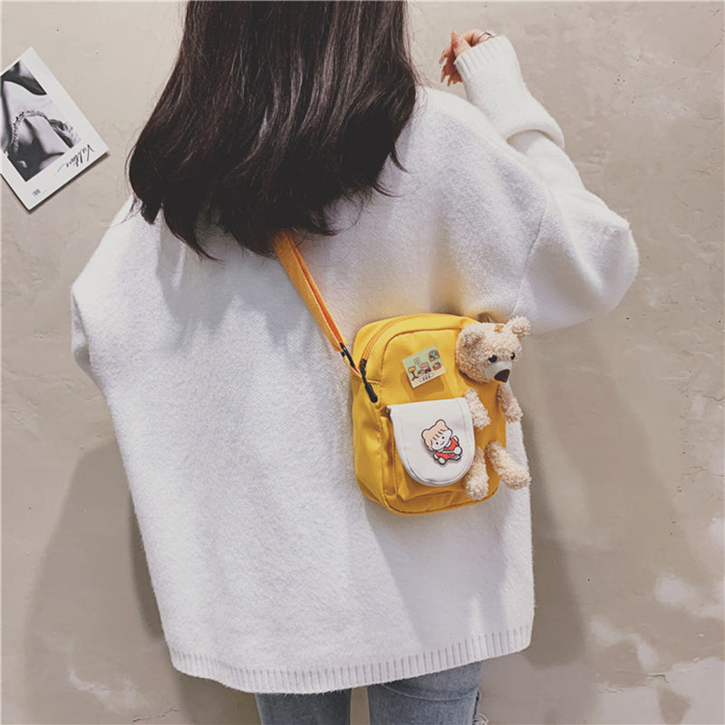 IELGY fashion bear cartoon style canvas messenger bag yellow Harajuku Korea cute Japanese