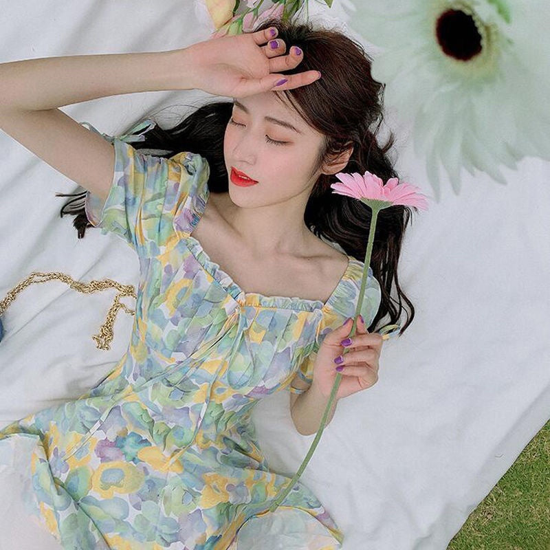 IELGY summer new style short-sleeved high-waisted a-line French square neck floral dress for women