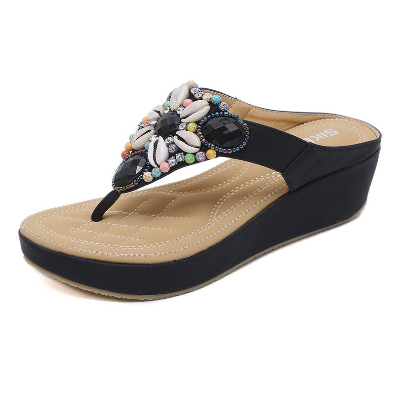 IELGY Large size sandals women leisure beach bohemian beaded 5cm wedge