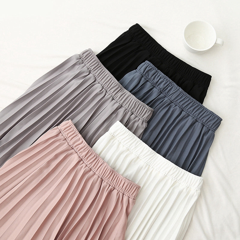 IELGY Temperament pleated skirt mid-length skirt elastic waist solid color wild skirt