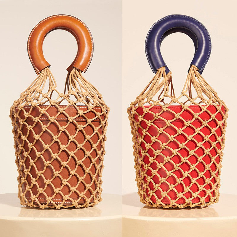 IELGY Fishing net bucket bag hand-woven rope grid hand bag