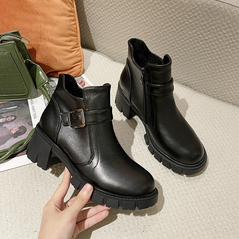 IELGY black round toe high-heeled Martin boots thick heel waterproof platform female trend