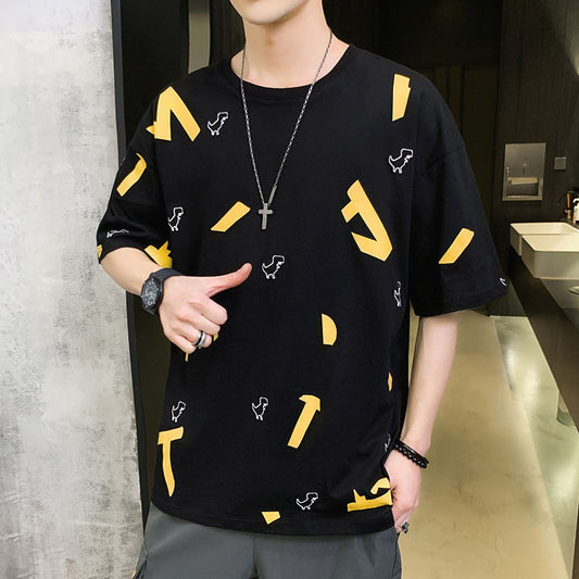 IELGY cotton black round neck half sleeves Short-sleeved T-shirt bottoming shirt comfortable breathable loose cartoon print man not easy to start