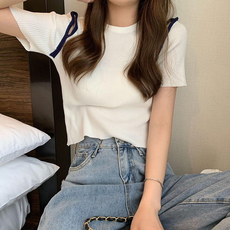 IELGY blue off-shoulder short-sleeved Korean style knitted bottoming fashion blouse women