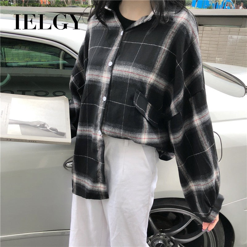 IELGY Korean Plaid Shirt Student Jacket Loose Lapel Long Sleeve Top