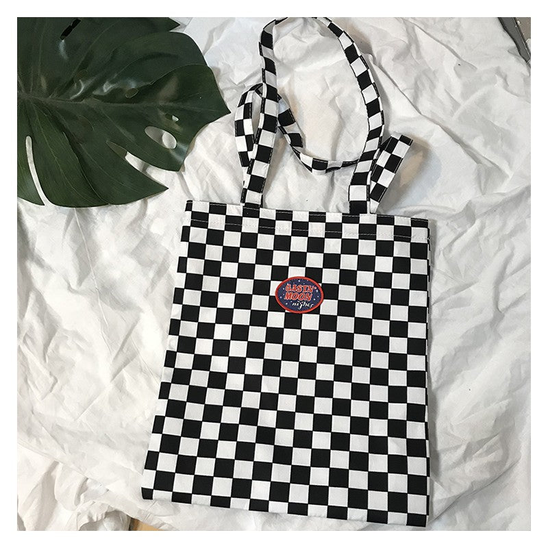 IELGY canvas bag handbag retro ins the same paragraph checkerboard shoulder bag