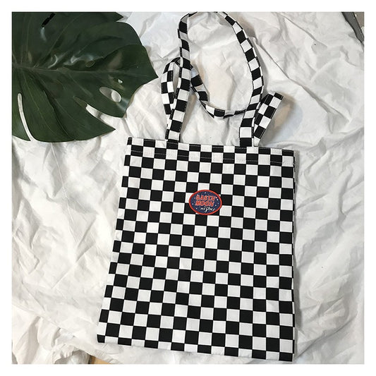 IELGY canvas bag handbag retro ins the same paragraph checkerboard shoulder bag