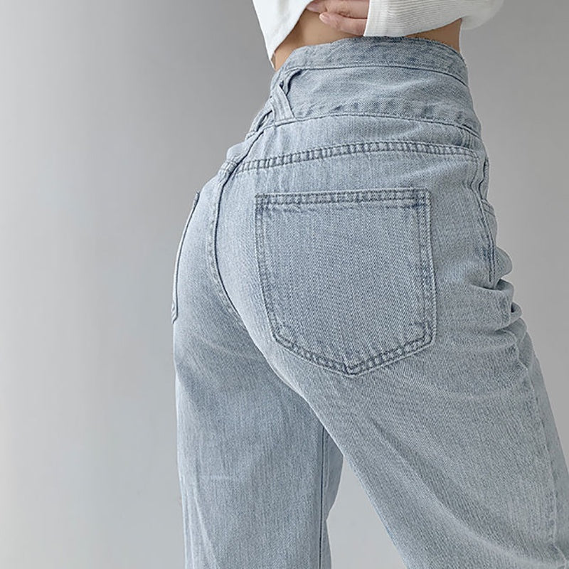 IELGY retro high-waist three-breasted straight jeans loose drape is thin and versatile
