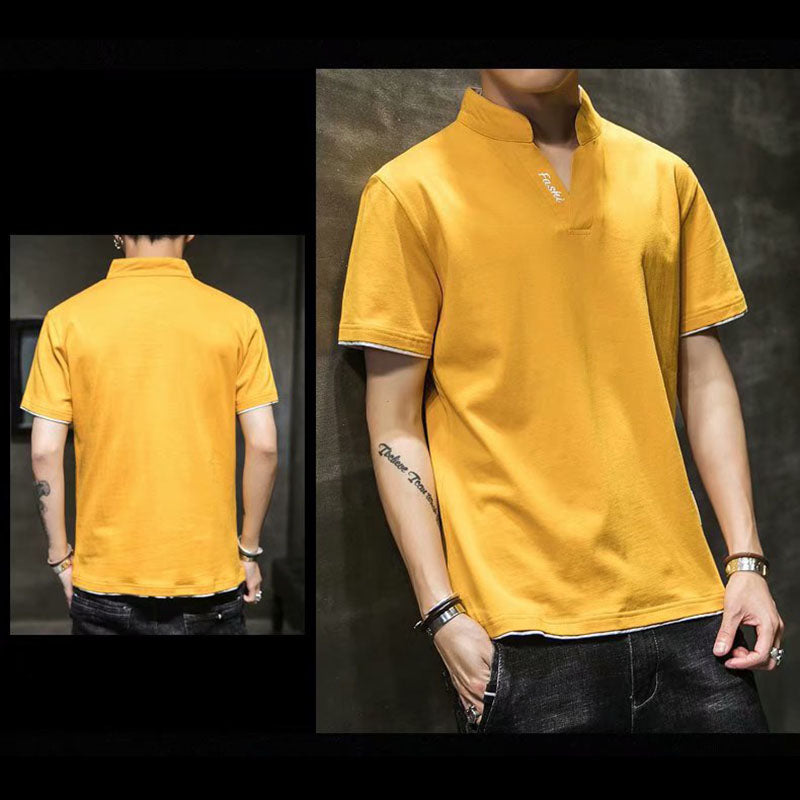 IELGY business yellow V-neck Korean version bilateral loose polo top Short-sleeved T-shirt letters leisure