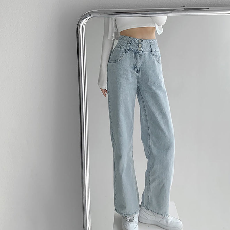 IELGY retro high-waist three-breasted straight jeans loose drape is thin and versatile