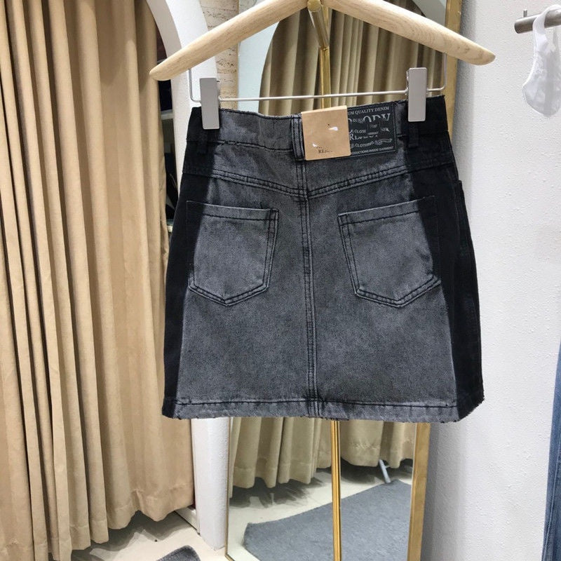 IELGY high-waist slim denim skirt versatile color contrast design