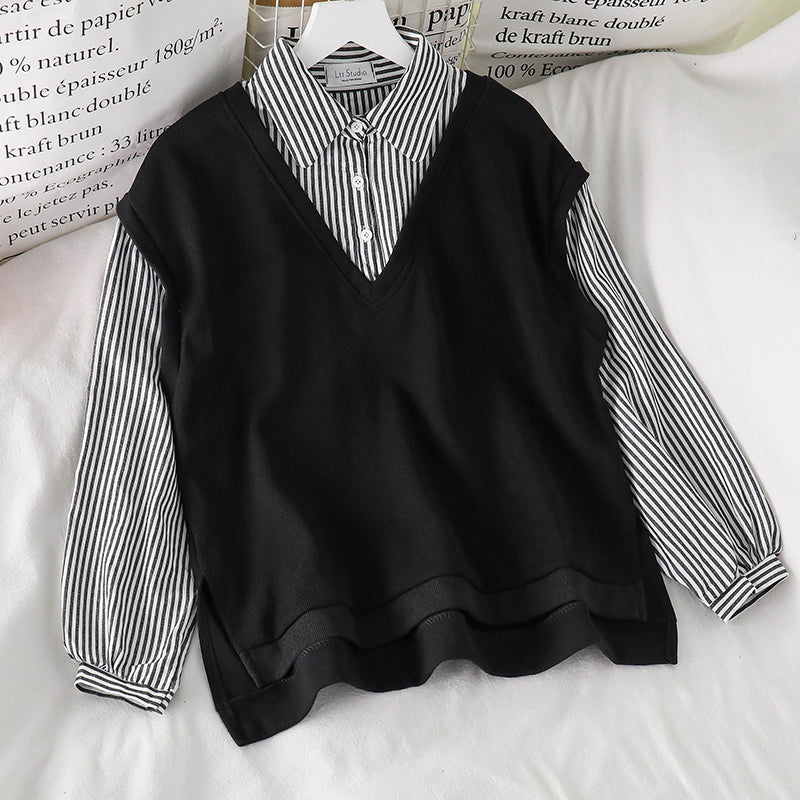 IELGY Women's clothes cream versatile fake two stitching long sleeves loose stripes sweater fashionable