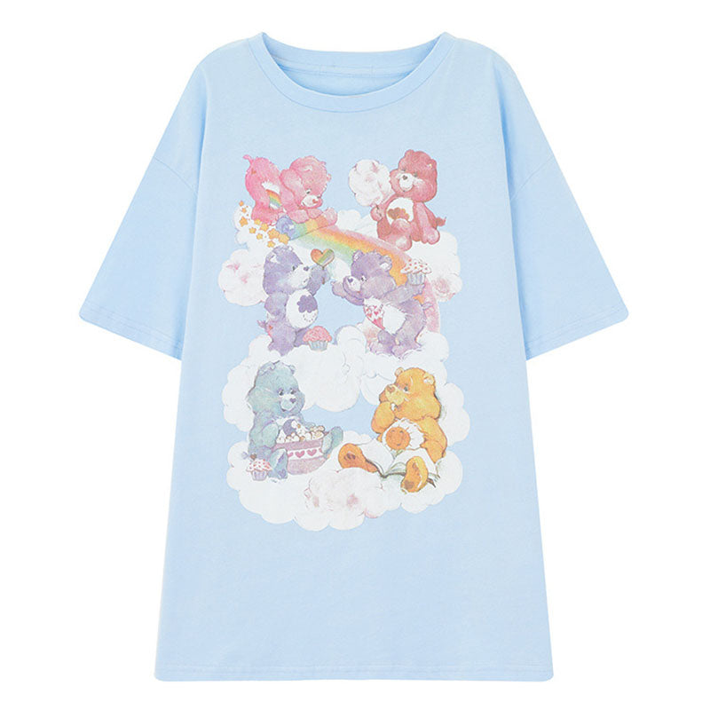 IELGY Women's clothes Blue Top Print Loose Short sleeve Bear T-shirt Casual Medium length