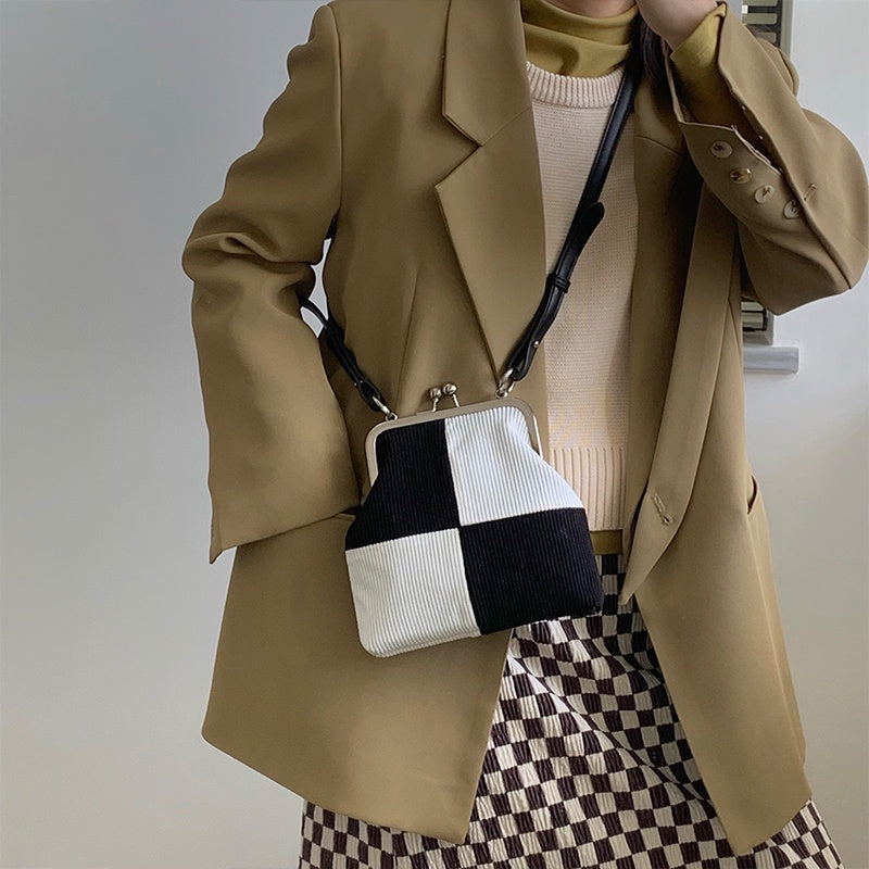 IELGY color matching checkerboard corduroy fashion retro crossbody handbag