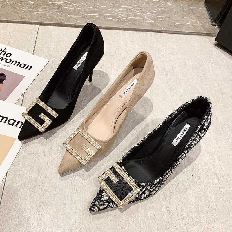 IELGY Fashion High Heels Female Niche Rhinestone Square Buckle Pointed Toe