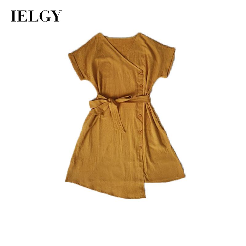 IELGY Women's clothes waist retro tie medium length fashion thin dress yellow all-match