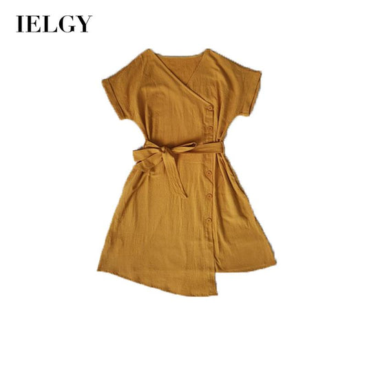 IELGY Women's clothes waist retro tie medium length fashion thin dress yellow all-match