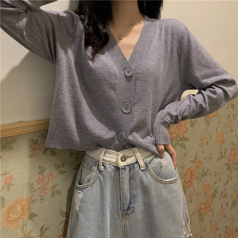 IELGY Women's clothes Jacket Simple Short Thin Knitted sweater Top Black V-neck Long-sleeved