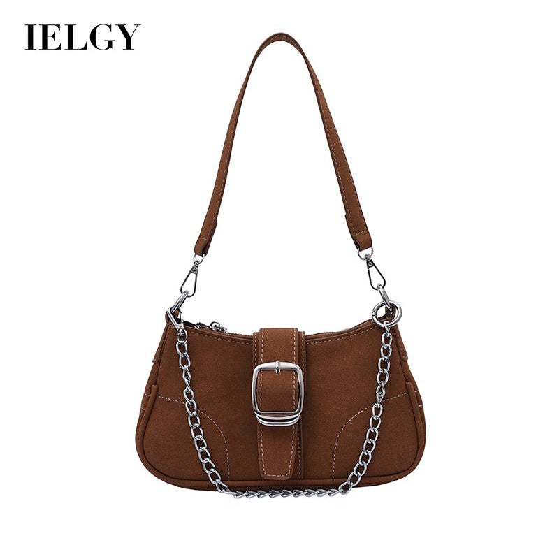 IELGY fashion solid color chain shoulder bag with belt buckle decoration