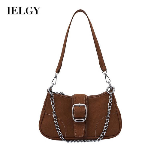 IELGY fashion solid color chain shoulder bag with belt buckle decoration