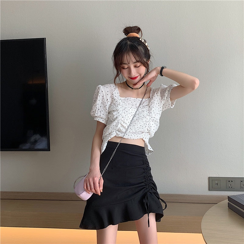 IELGY black short skirt summer high waist retro skirt design niche A-line thin skirt