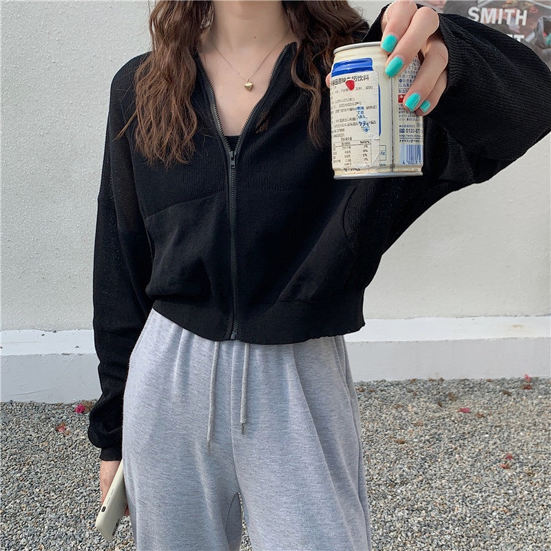 IELGY Fashion Hooded Sunscreen Zipper Breathable Thin Top Women Knitted Cardigan Long Sleeve