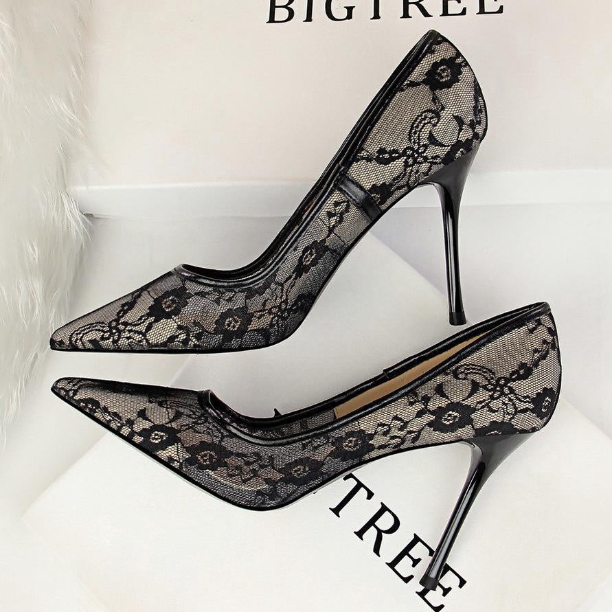 IELGY Sexy high-heeled women's shoes with stiletto pointed mesh cutout lace shoes