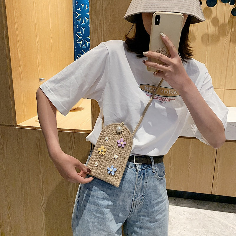IELGY Customized summer straw weaving ins small flower weaving mobile phone diy handmade shoulder bag women