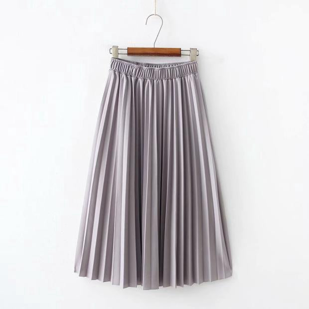 IELGY Temperament pleated skirt mid-length skirt elastic waist solid color wild skirt
