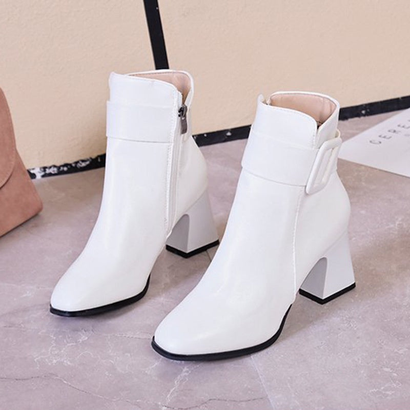 IELGY Fashion Women's Leather Boots PU Square Heel Round Toe Side Zipper Artificial Short Plush Short Tube