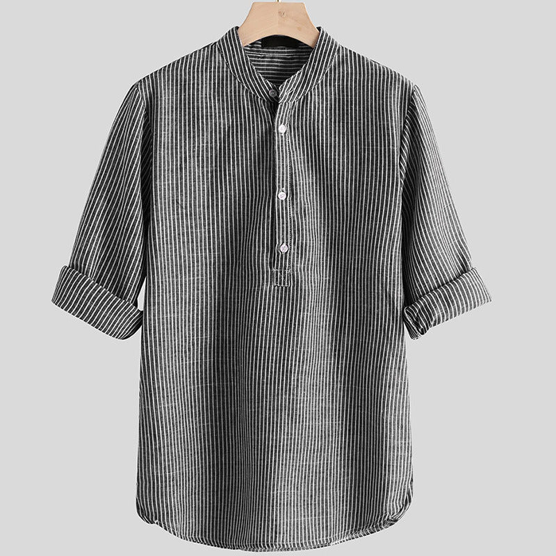 IELGY Printing Shirts Long sleeves Lapel Linen Black European and American Stripes Fashion Men's clothes