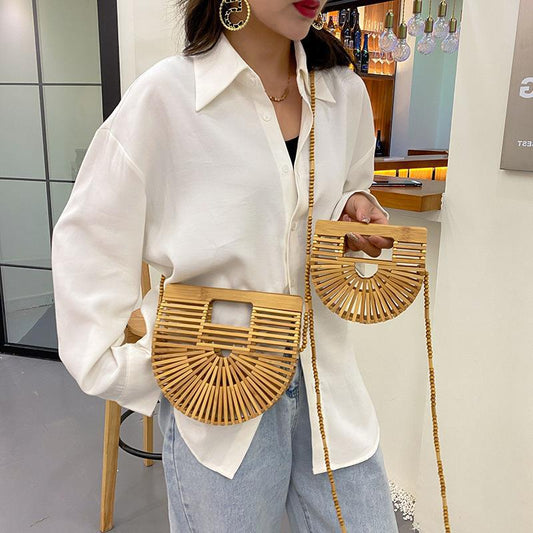 IELGY Hollow Fashion Messenger Bag Women's Bamboo Half Round Beach