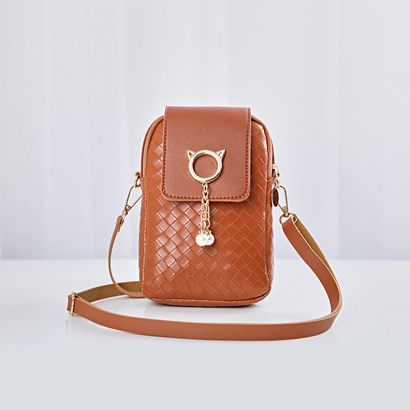 IELGY Cover type Tassel Mobile phone Woven Pearl Korean version Woman's bag Black One shoulder Diagonal