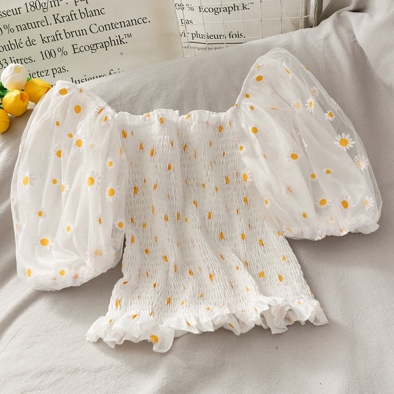 IELGY Little said chrysanthemum short sleeve women's puff sleeve shirt