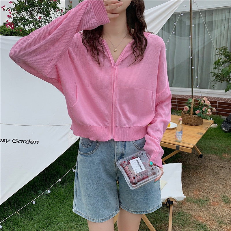 IELGY Fashion Hooded Sunscreen Zipper Breathable Thin Top Women Knitted Cardigan Long Sleeve