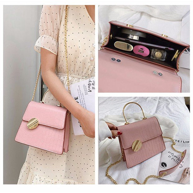 IELGYShoulder Bad hand chain single shoulder slung small fresh crocodile pattern bag Korean metal handbag Solid color