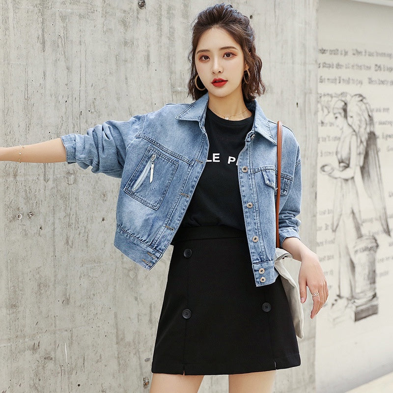 IELGY fashion denim jacket female port style short denim jacket loose bf all-match top