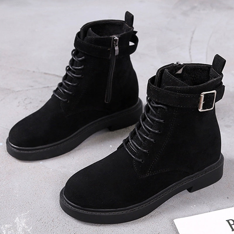 IELGY Fashion Belt Buckle Women's Boots Lace-up Flat Women Suede Korean Style