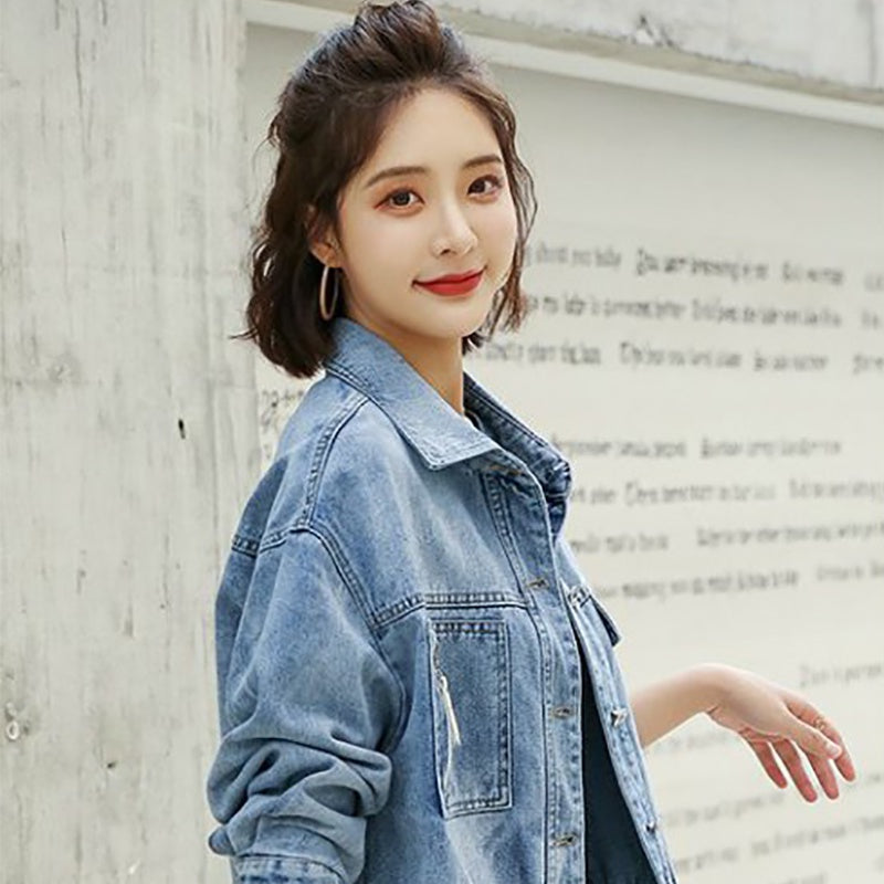 IELGY fashion denim jacket female port style short denim jacket loose bf all-match top