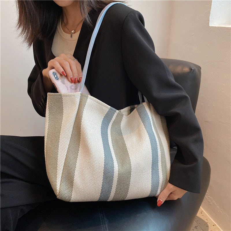 IELGY Canvas Stripe Bag Large Capacity Female Bag Trend Summer Simple