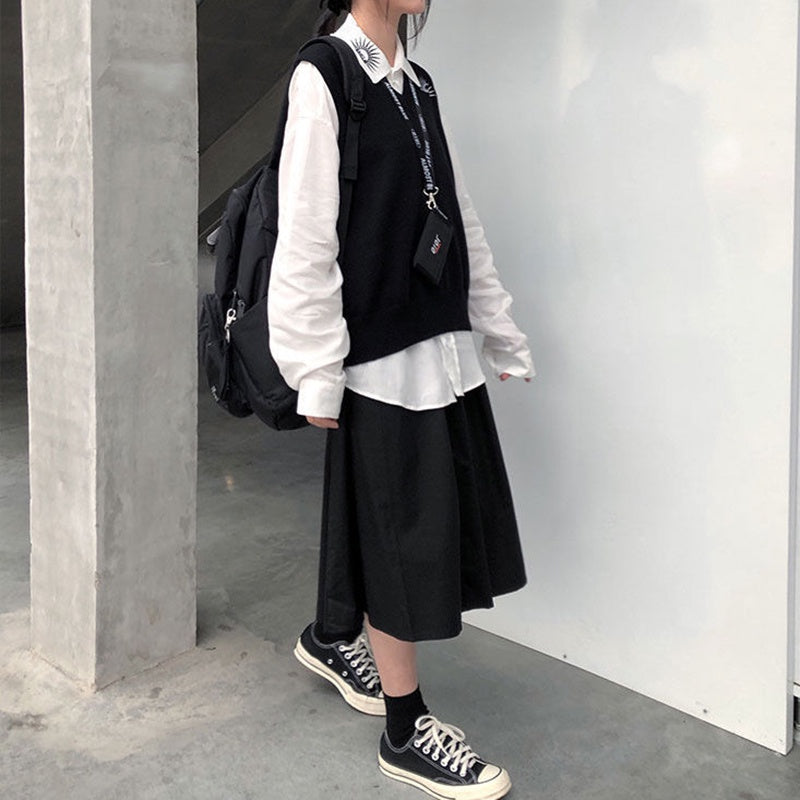 IELGY solid color loose skirt Korean style high waist A-line